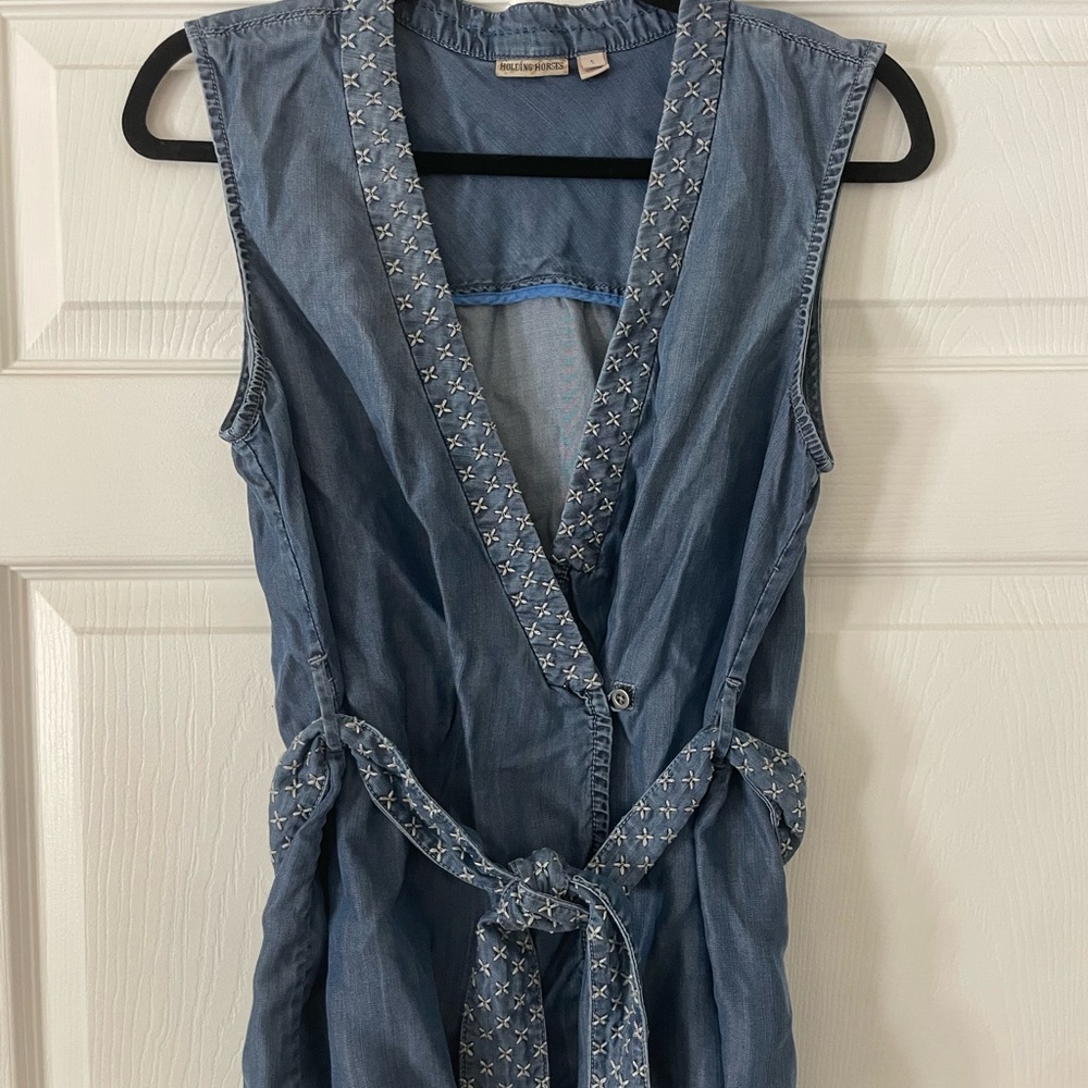 Holding Horses Blue Denim Top with White Embroidery